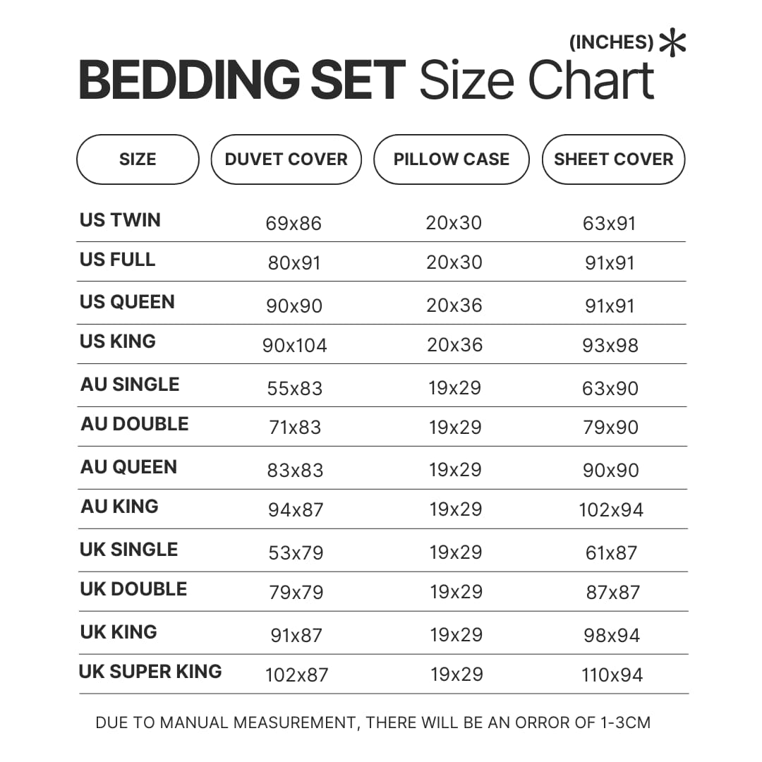 Bedding Set Size Chart - Sailor Moon Store