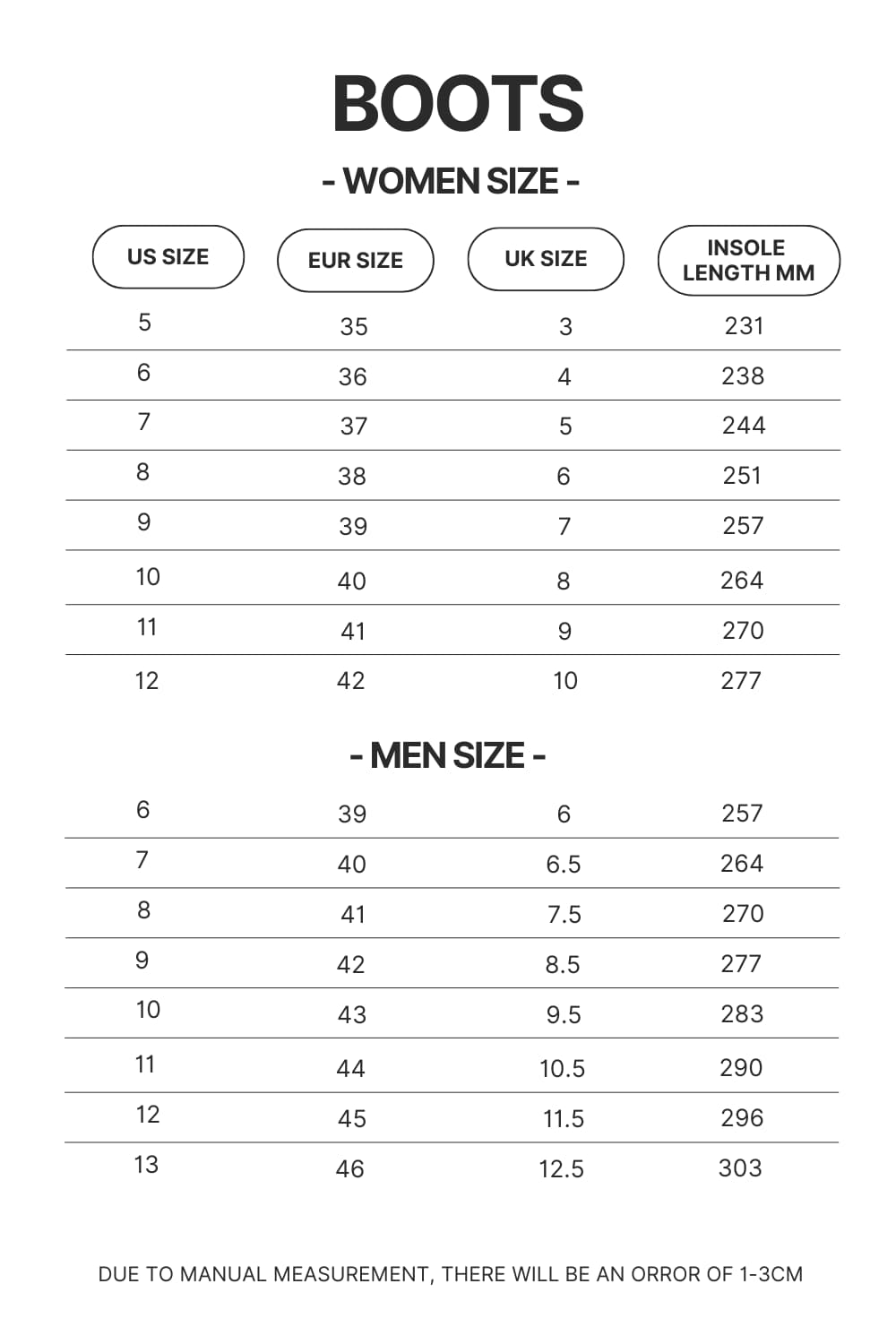 Boots Size Chart - Sailor Moon Store
