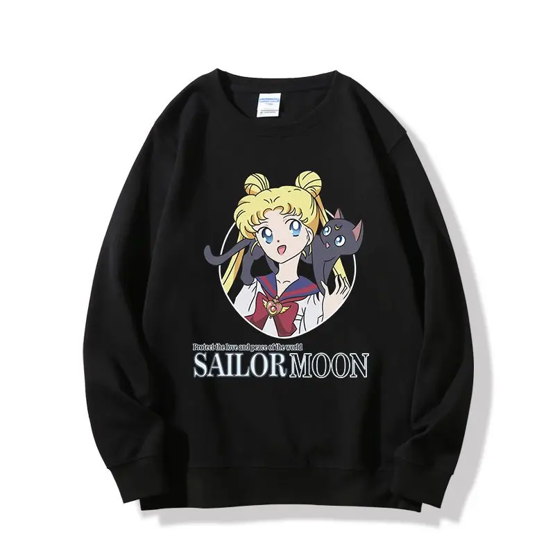Women Cotton Round neck Hoodies japnese Anime Sailor Moon Printed Casual Fleece Sweatshirt Winter Girl Pullover - Sailor Moon Store